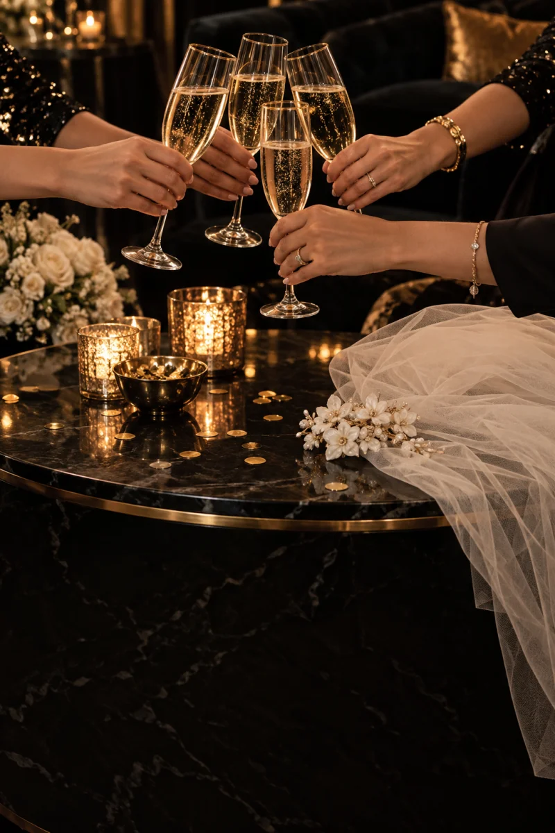 Brindis entre amigas con copas, velo y detalles dorados, sin rostros visibles