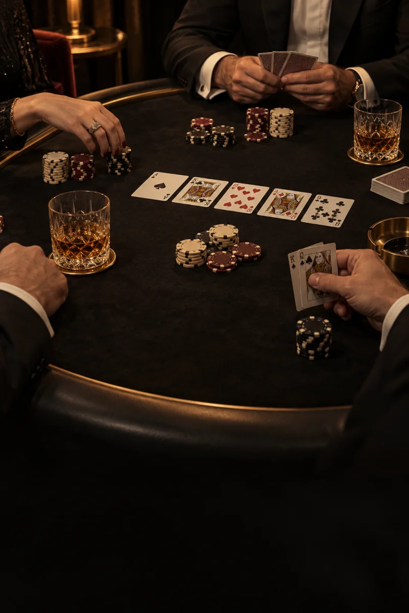Manos, cartas y fichas en una partida de póker privada, sin rostros visibles