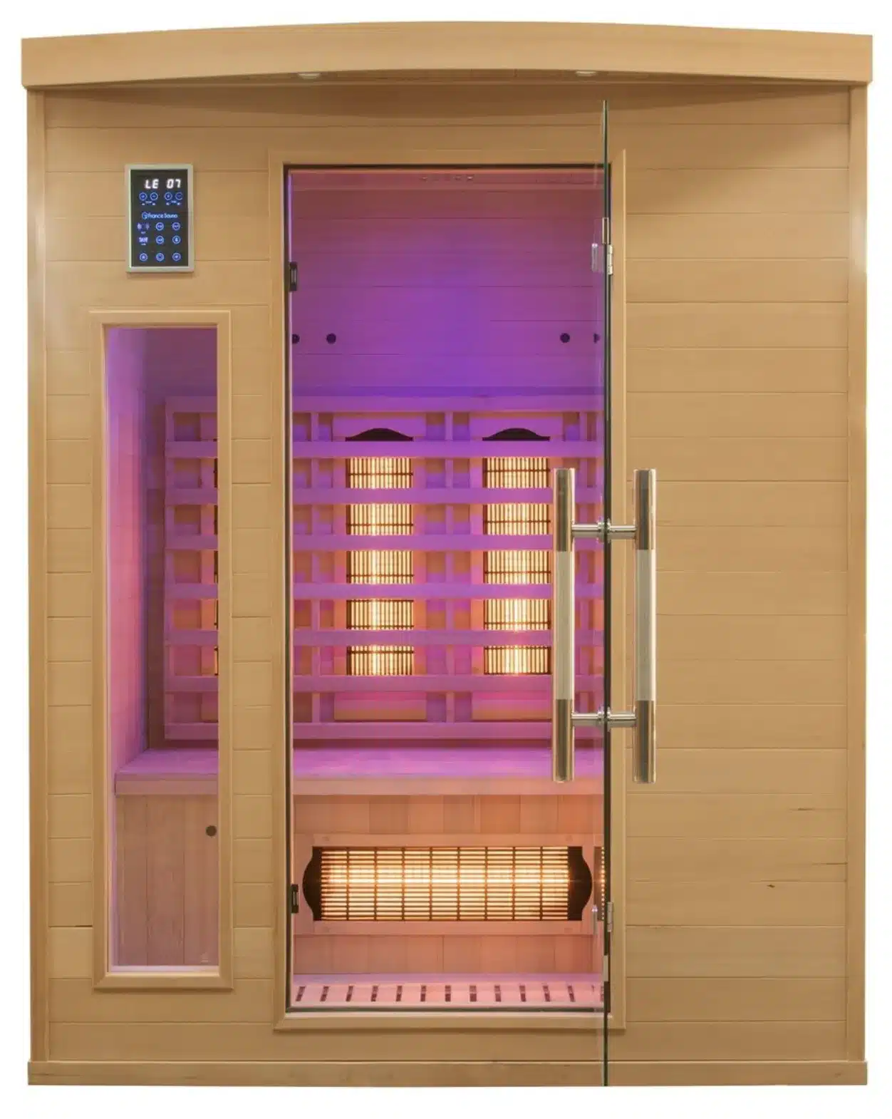 Cabina de sauna de infrarrojos con puerta de cristal y bancos de madera