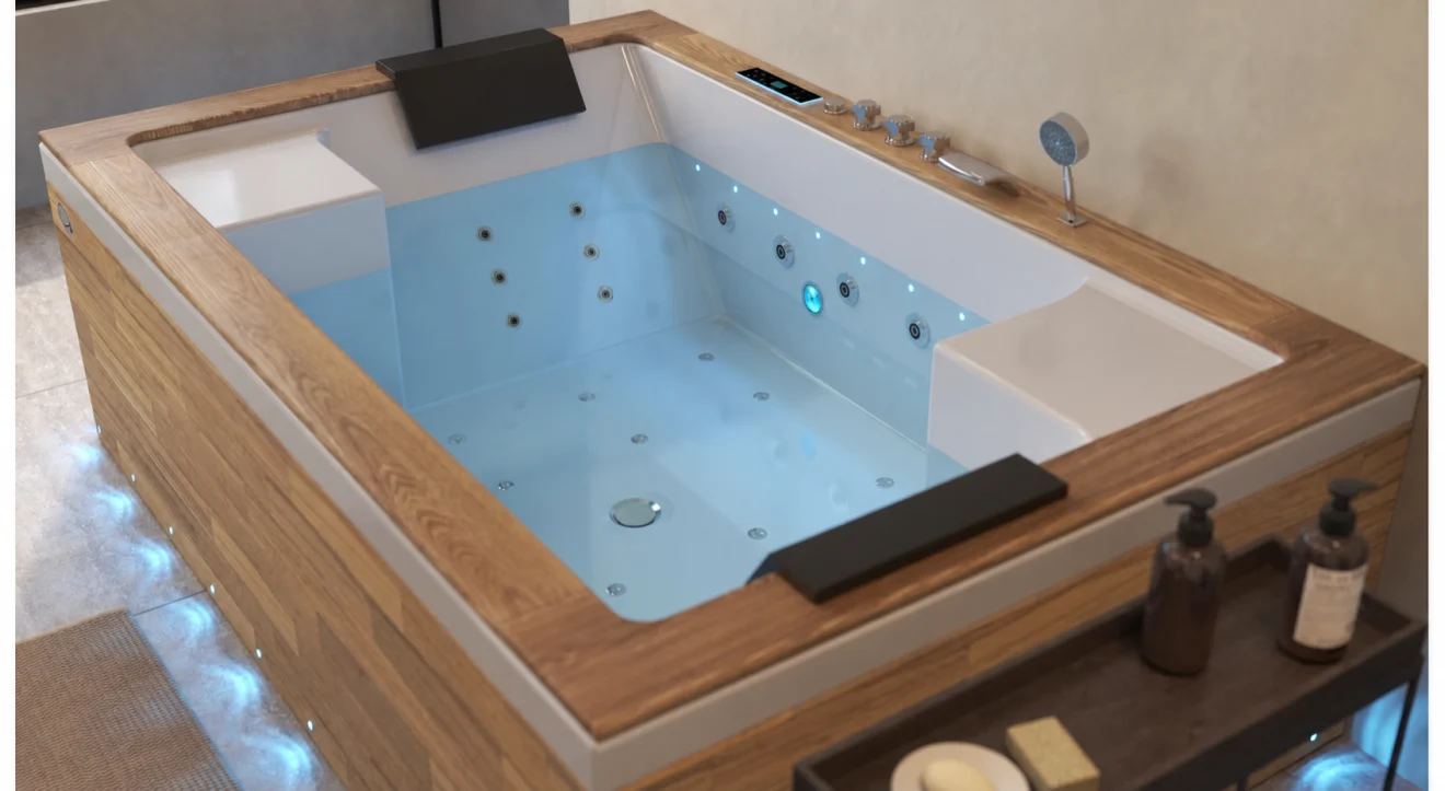 Bañera de hidromasaje con dos reposacabezas y acabado de madera